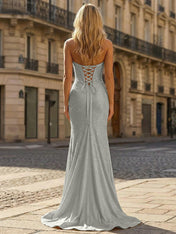 Yellow Beaded Halter Corset Prom Dress with High Slit