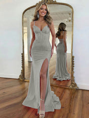 Hot Pink Lace-Up Back Corset Shimmer Prom Dresses with Slit