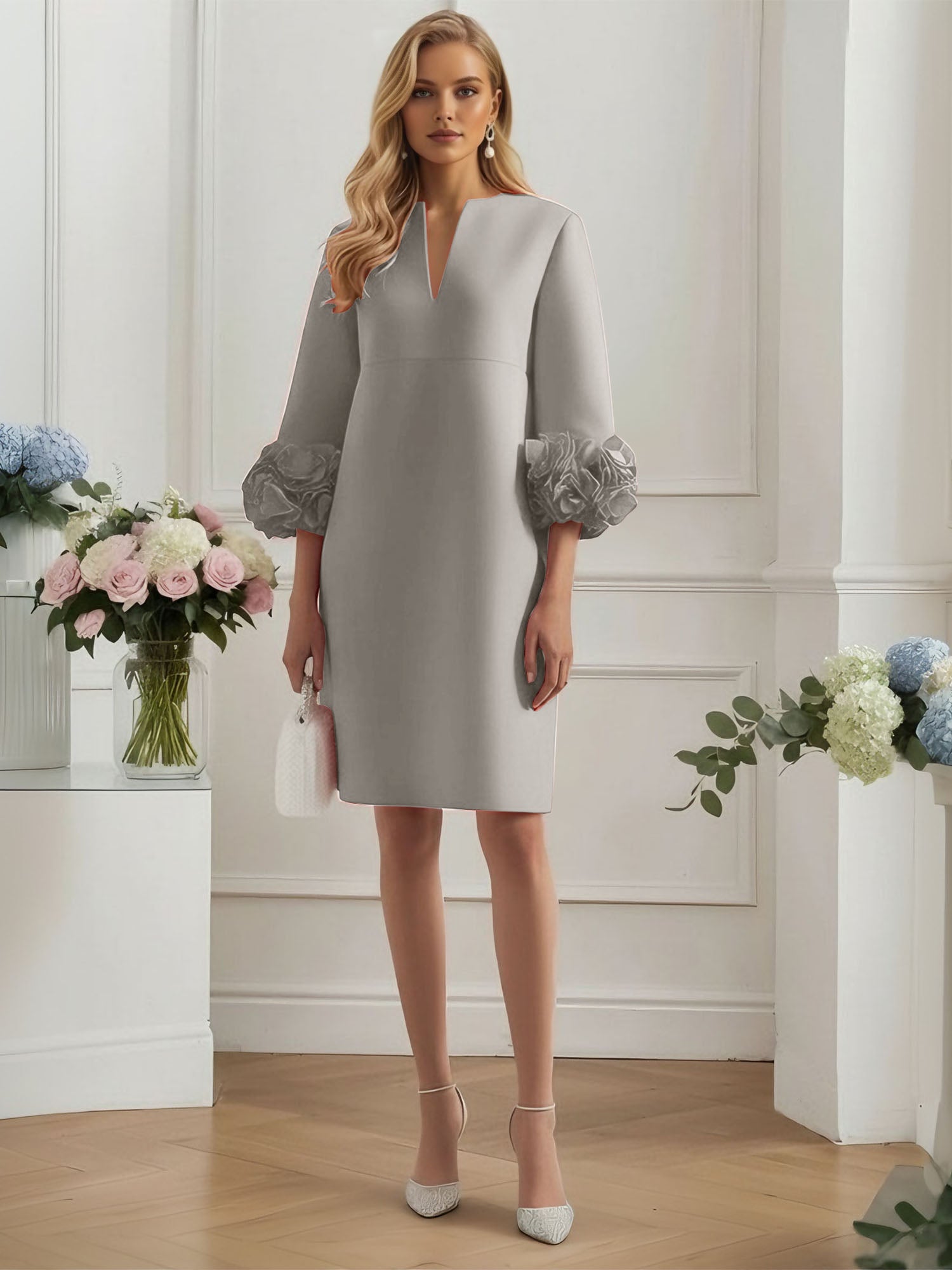 3D Floral Classic Notched Long Sleeve A-Line Midi Dress