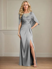 Sheath/Column Satin Scoop Neck Cap Sleeves Floor Length Mother Of The Bride Dresses