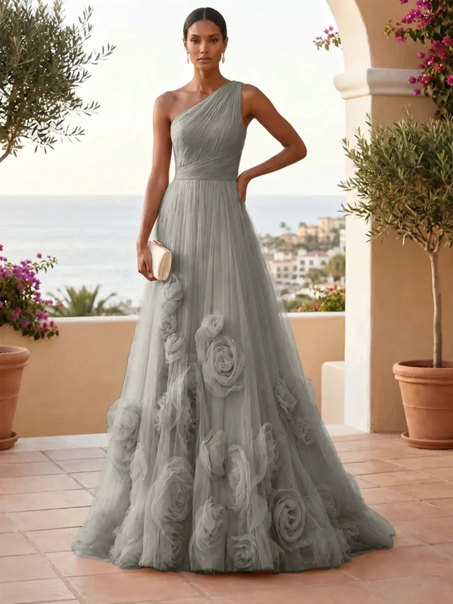 One-Shoulder Sweetheart Tulle Ball Gown with 3D Floral Accents Evening Dresses