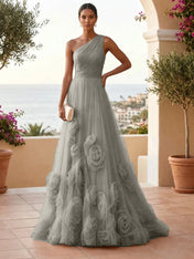 One-Shoulder Sweetheart Tulle Ball Gown with 3D Floral Accents Evening Dresses