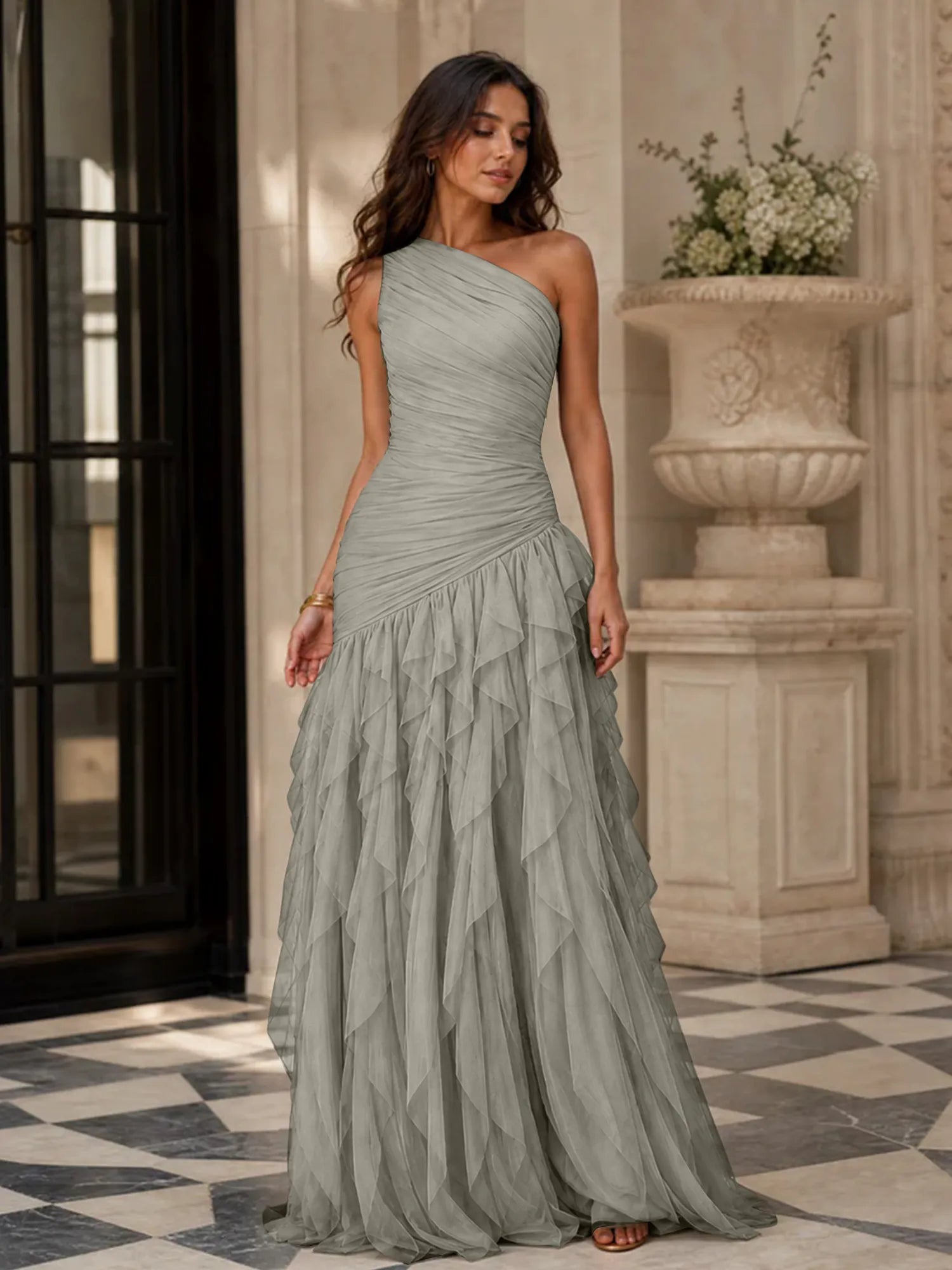 Emerald Green One-Shoulder Ruched Asymmetric Ruffle Chiffon Floor-Length Gown Dress