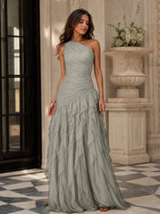 Emerald Green One-Shoulder Ruched Asymmetric Ruffle Chiffon Floor-Length Gown Dress