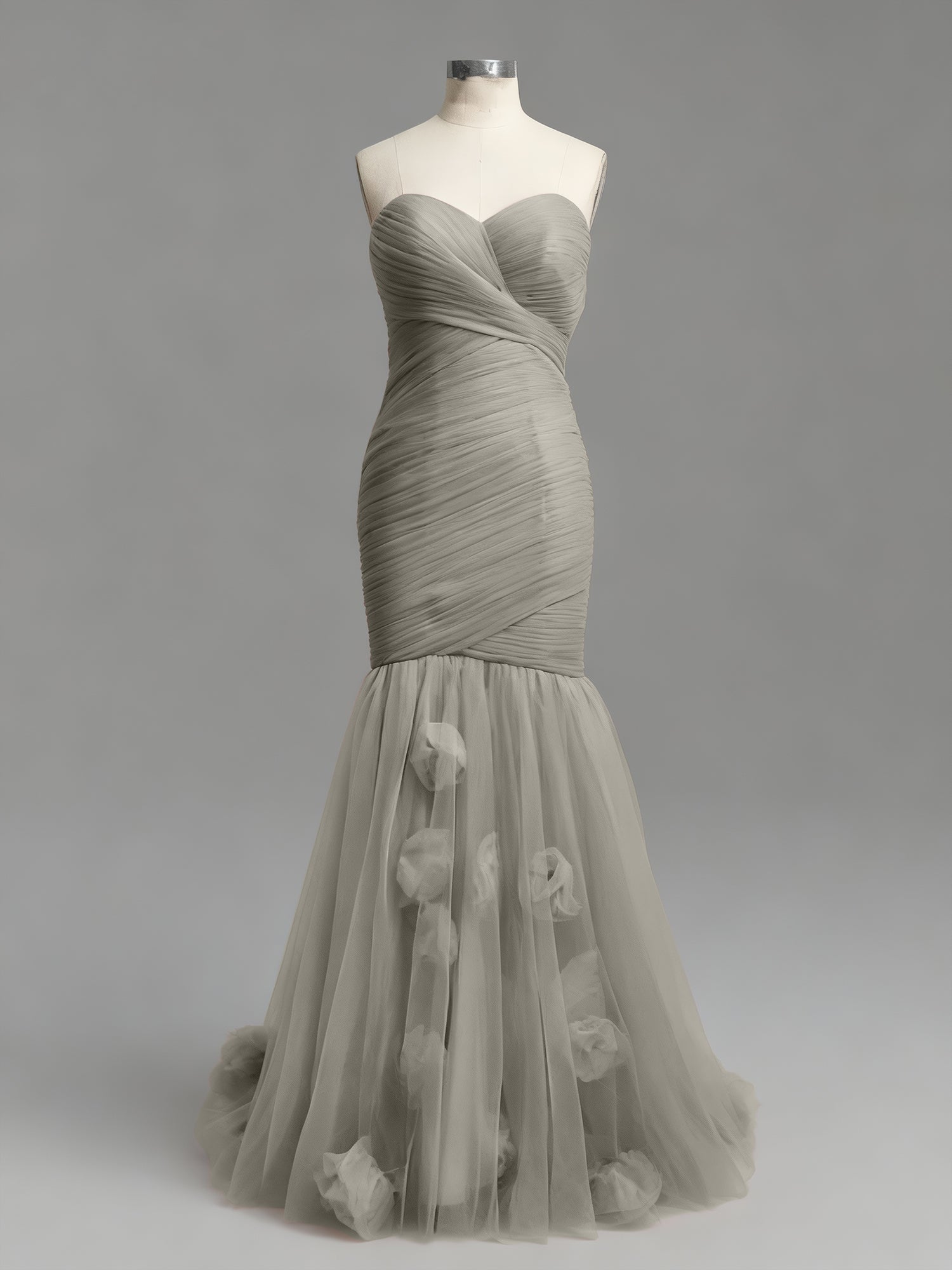 Dusty Rose Mermaid Strapless Ruched Tulle Prom Dress with 3D Floral