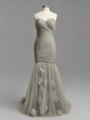 Dusty Rose Mermaid Strapless Ruched Tulle Prom Dress with 3D Floral