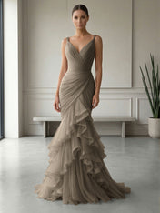 Mauve Folds Tulle Strapless Sleeveless Mermaid Gown Dress