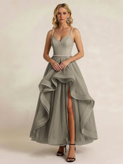 Black Tulle Ruffled A Line Long Formal Dress with Slit