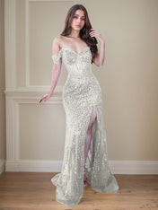 Red Off-the-Shoulder Beaded Tulle Long Prom Dress with Swirling Sequins