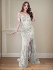 Red Off-the-Shoulder Beaded Tulle Long Prom Dress with Swirling Sequins