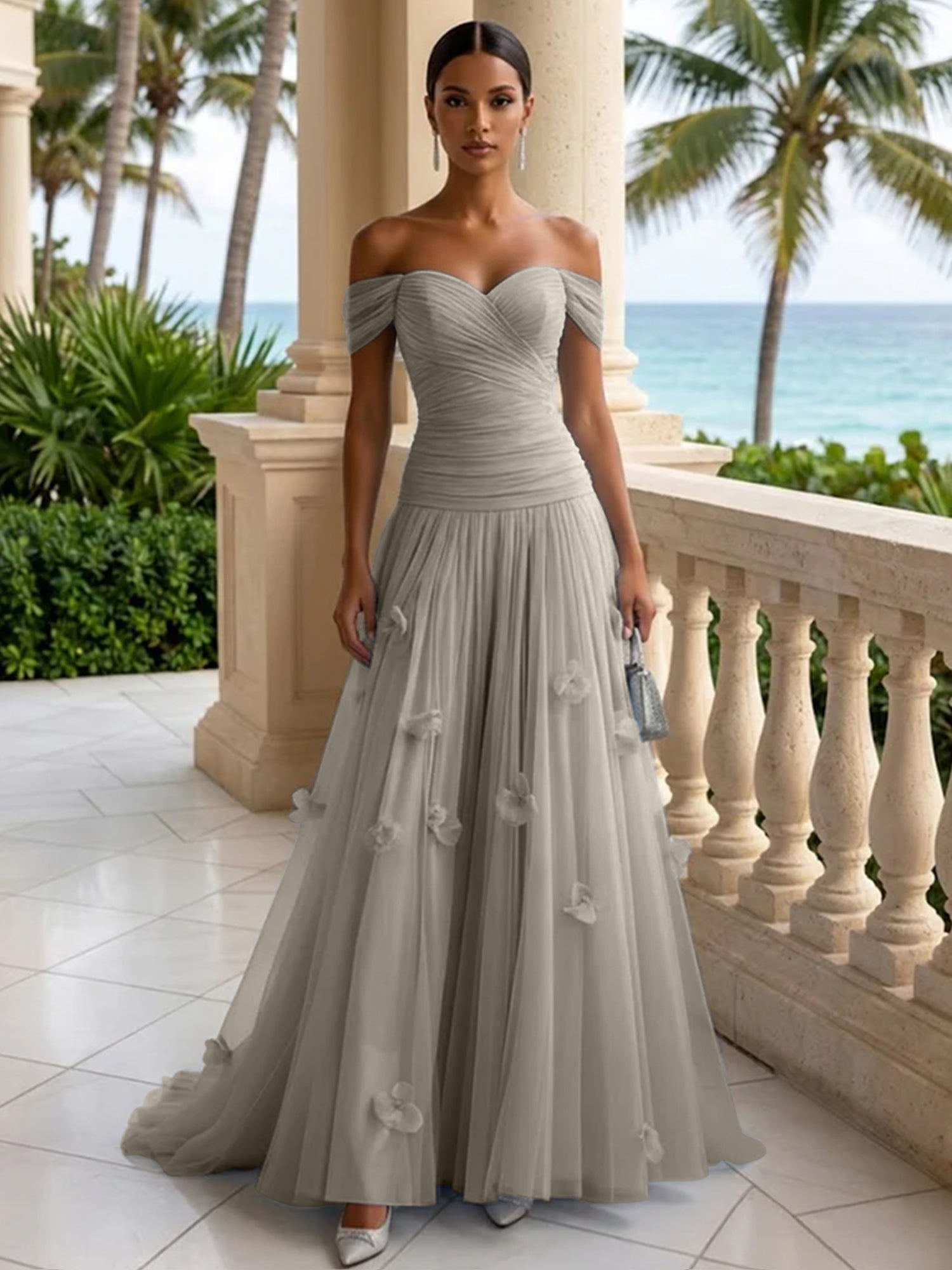 Light Blue Evening Dress with 3D Flower Off The Shoulder Pleat Maxi Dress