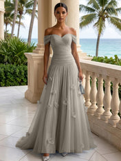 Light Blue Evening Dress with 3D Flower Off The Shoulder Pleat Maxi Dress