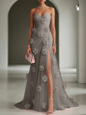 Ethereal Blush Slit 3D Floral Strapless Tulle Gown Dress