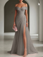 Blush Ruched Slit Tulle Off the Shoulder Sleeveless Sheath Gown Dress