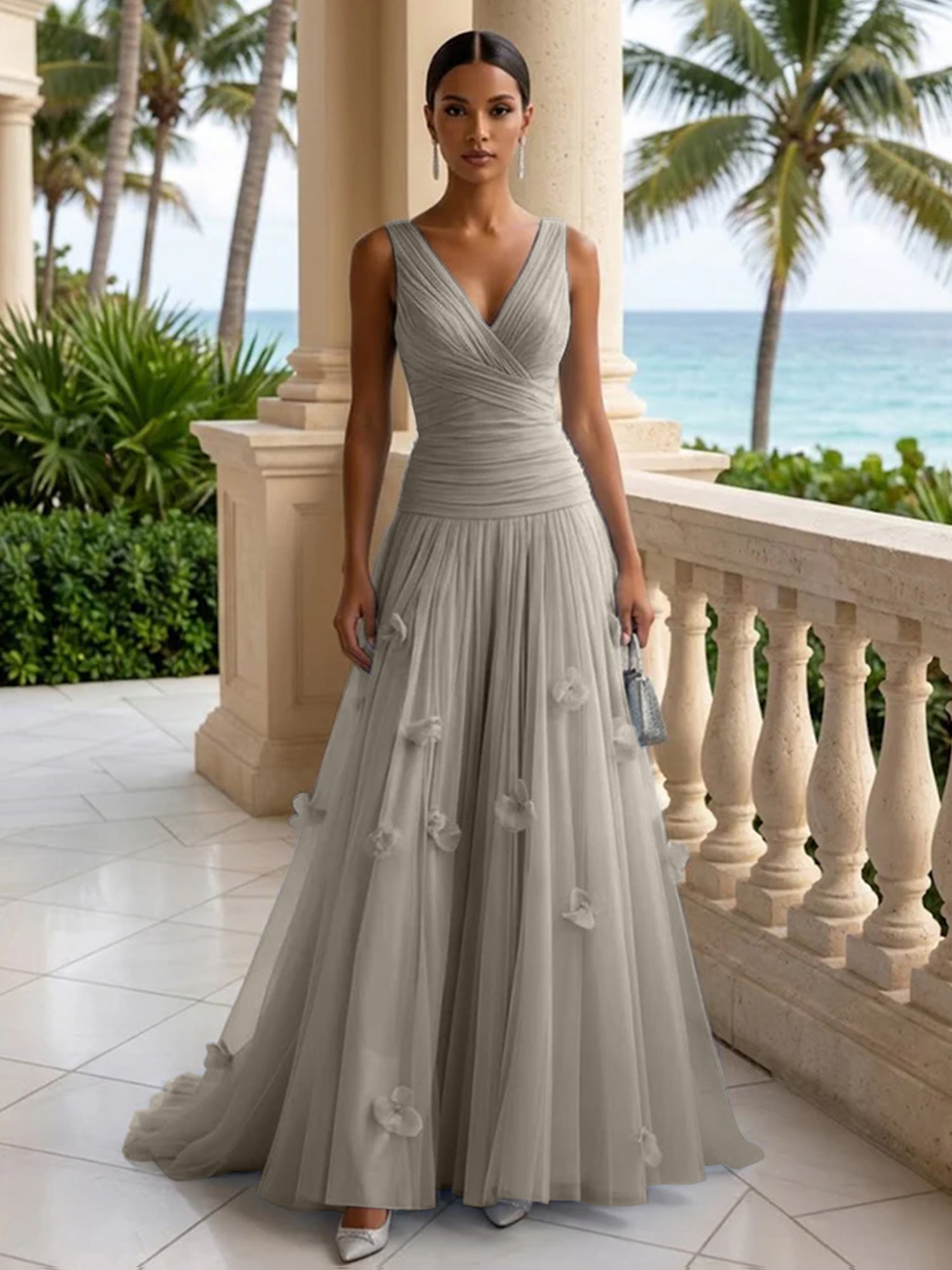 Light Blue Evening Dress with 3D Flower V Neck Pleat Maxi Dress