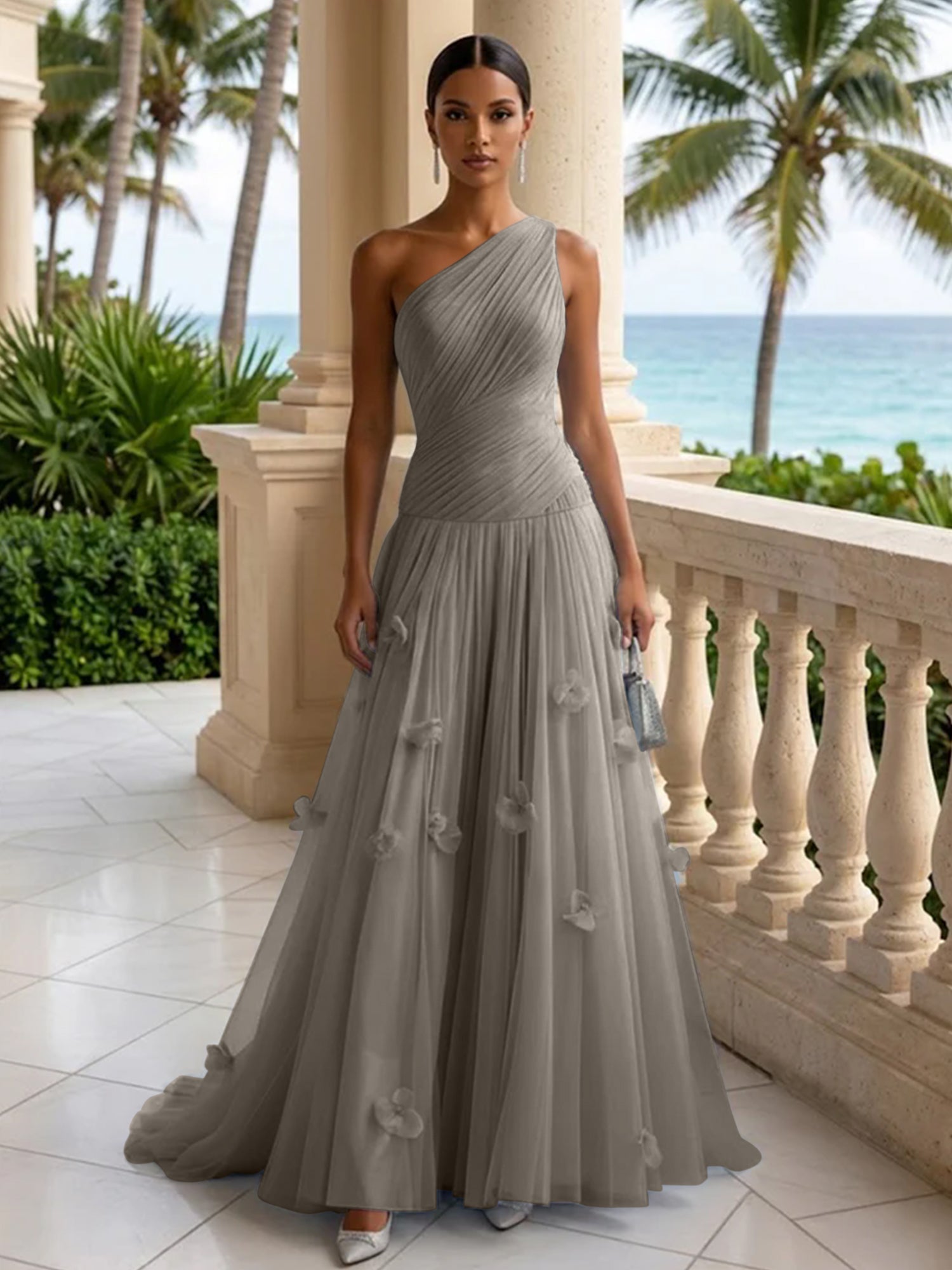 Light Blue Evening Dress with 3D Flower One Shoulder Pleat Maxi Dress