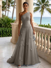 Light Blue Evening Dress with 3D Flower One Shoulder Pleat Maxi Dress