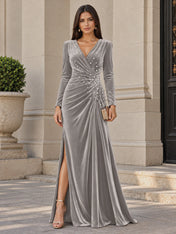 V-Neck Pearl Ruched Burgundy Velvet Floor-Length Evening Dresses with Long Sleeves