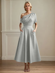 A Line Satin One Shoulder Pleated Ankle Length Mother of the Bride Dress
