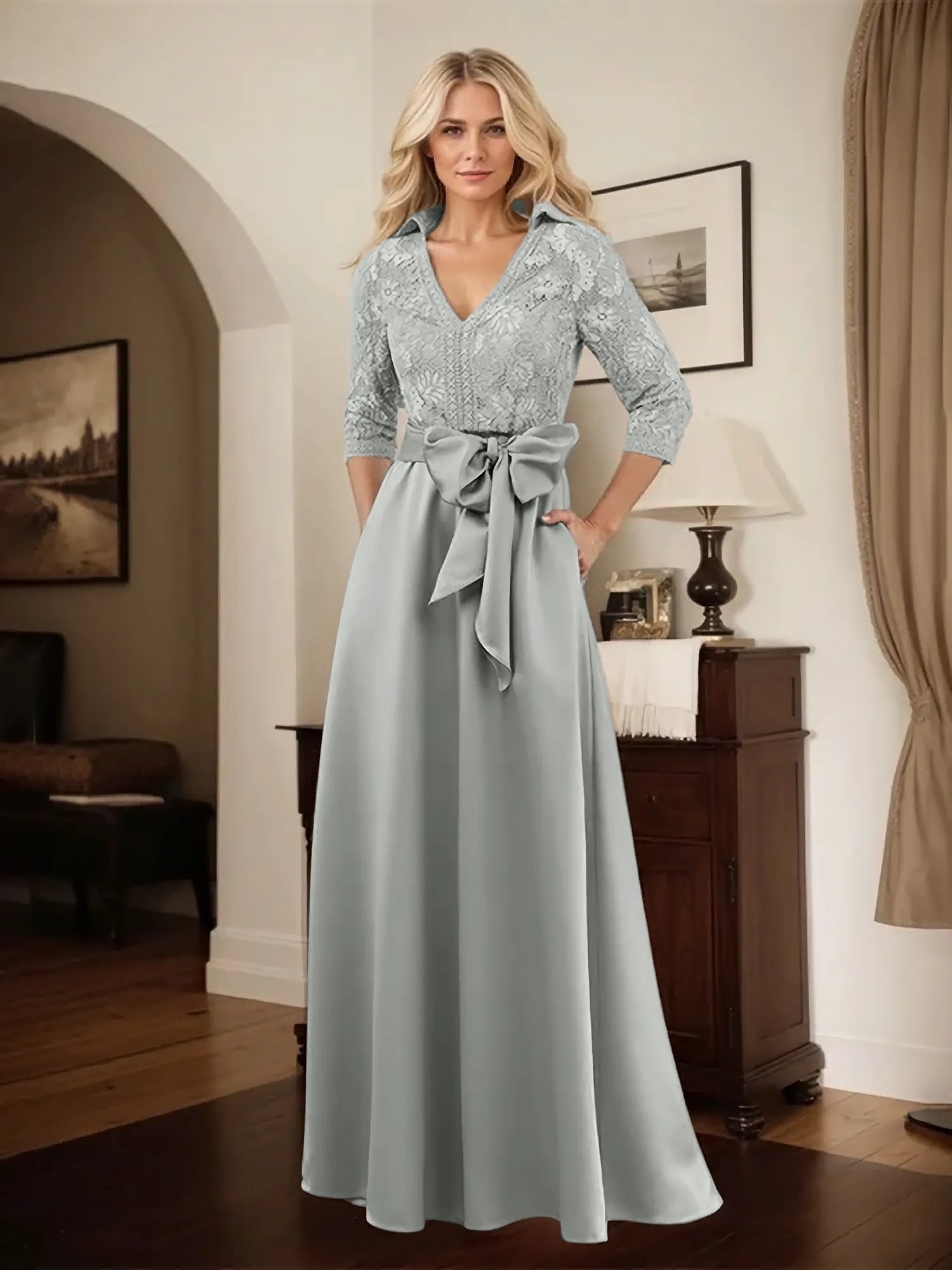Classic V-Neck Bow Accented Satin Mother Of The Bride Dress With Lace