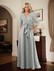 Classic V-Neck Bow Accented Satin Mother Of The Bride Dress With Lace