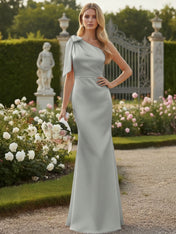 Light Blue One Shoulder Satin Sheath Long Bridesmaid Dresses