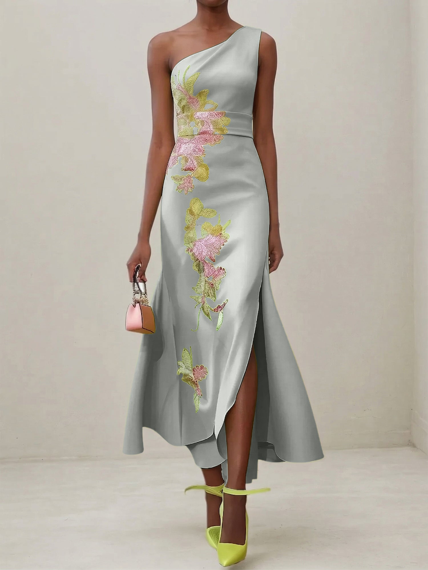 Green Floral One Shoulder Embroidered Cap Sleeve Slit Sheath Maxi Dress