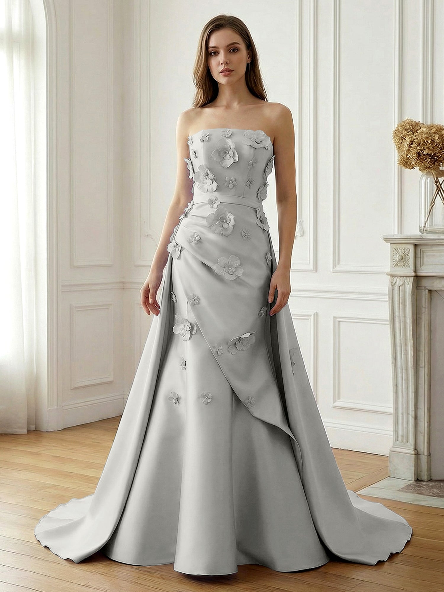 Lavender Satin 3D Floral Strapless A-Line Gown