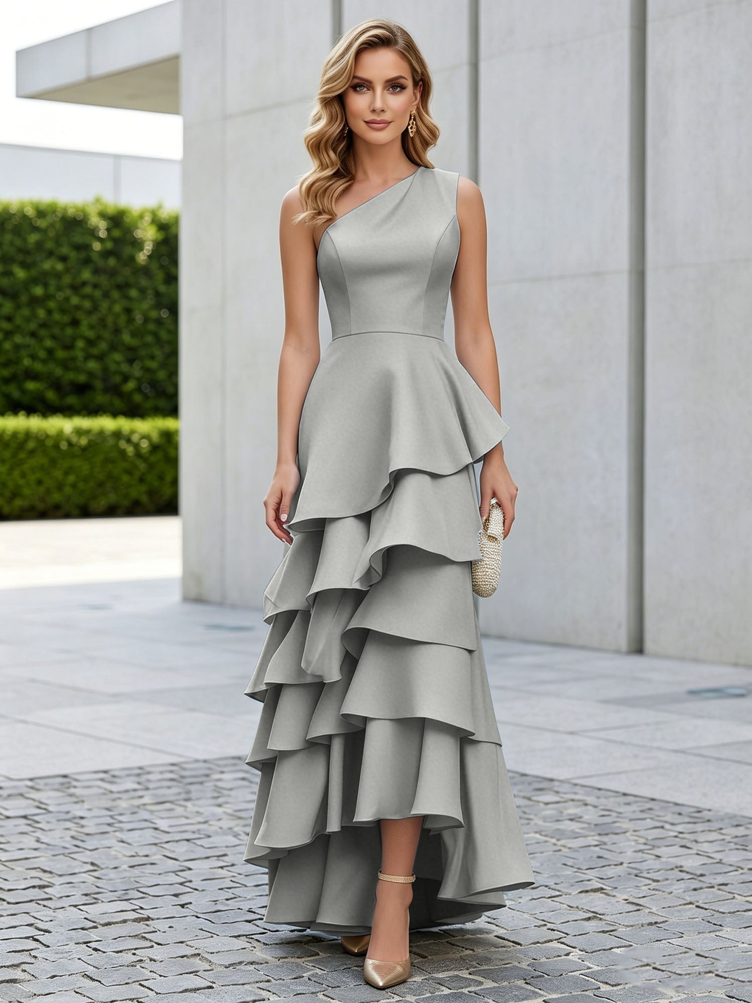 One Shoulder Tiered Ruffle Satin Mermaid Evening Gown with Sculptural Layers