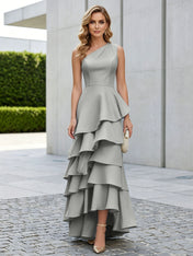 One Shoulder Tiered Ruffle Satin Mermaid Evening Gown with Sculptural Layers