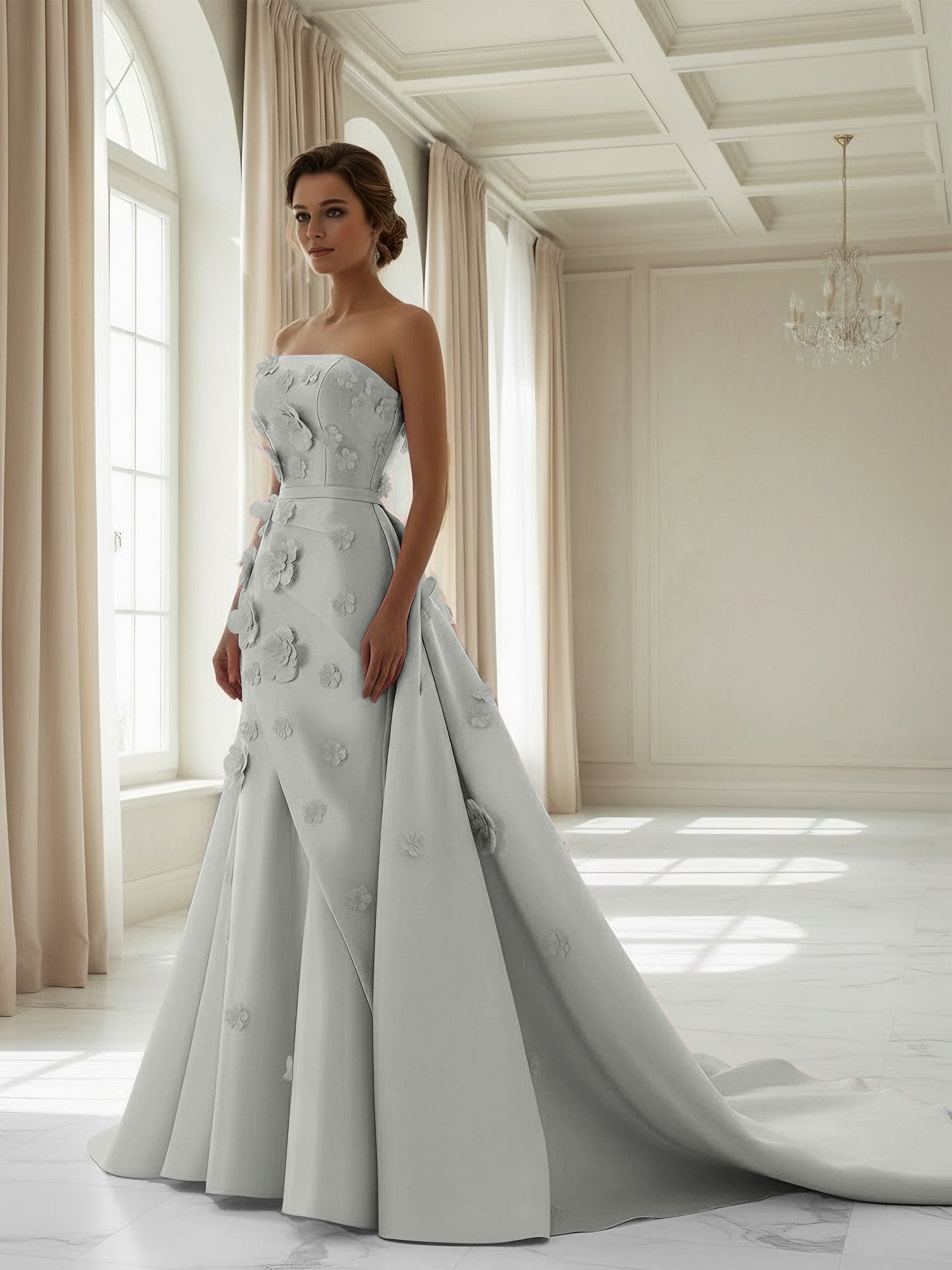 Pink A Line Satin Strapless Prom Dress with 3D Floral Appliques