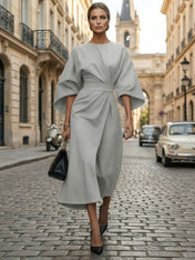 Loose Batwing Sleeve Dress Tight Waist Solid Color Elegant Dresses
