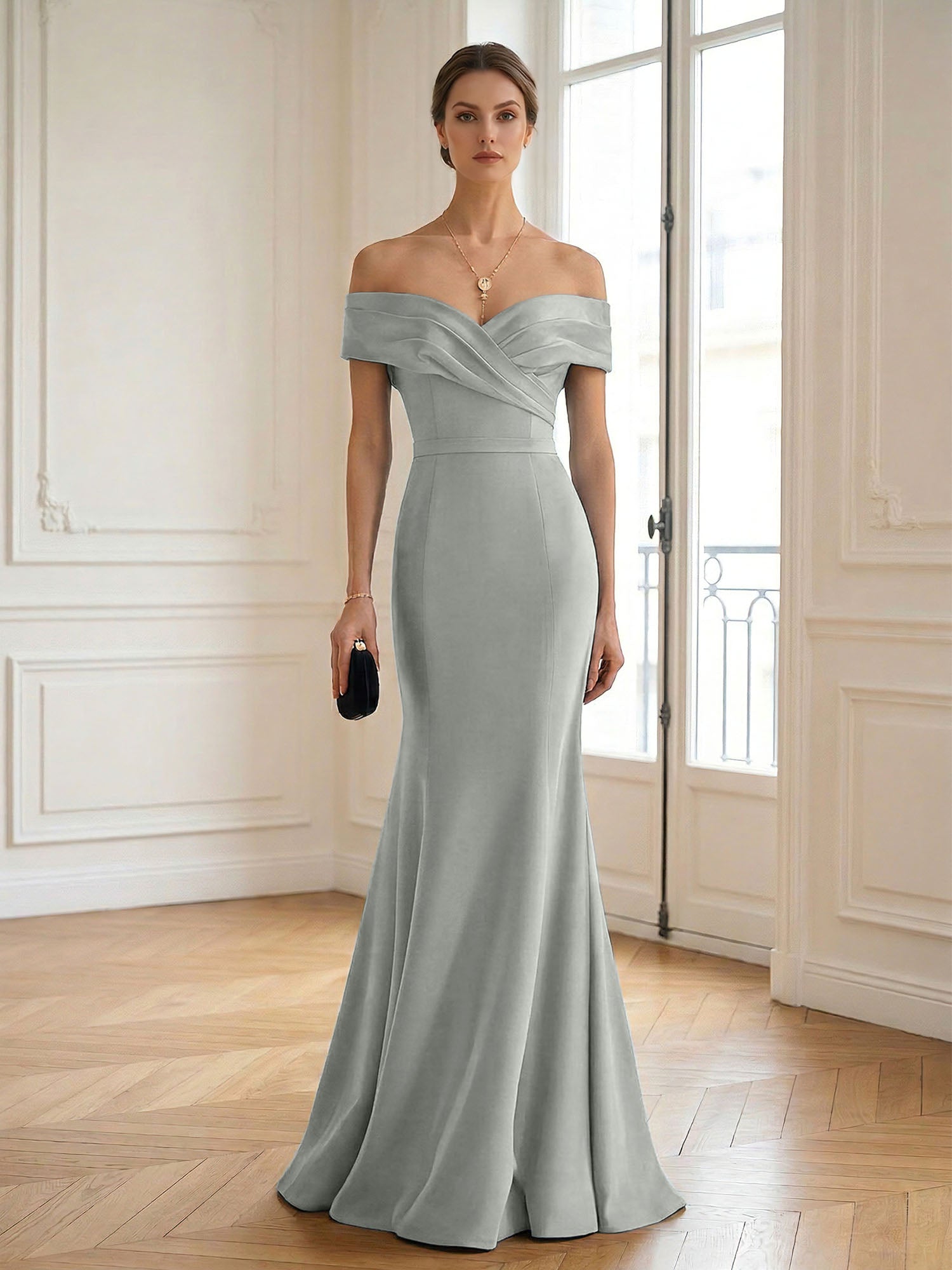 Formal Wedding Guest Dress Navy Off Shoulder Maxi Mermaid Dress