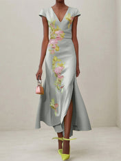 Green Floral V Neck Embroidered Cap Sleeve Slit Sheath Maxi Dress