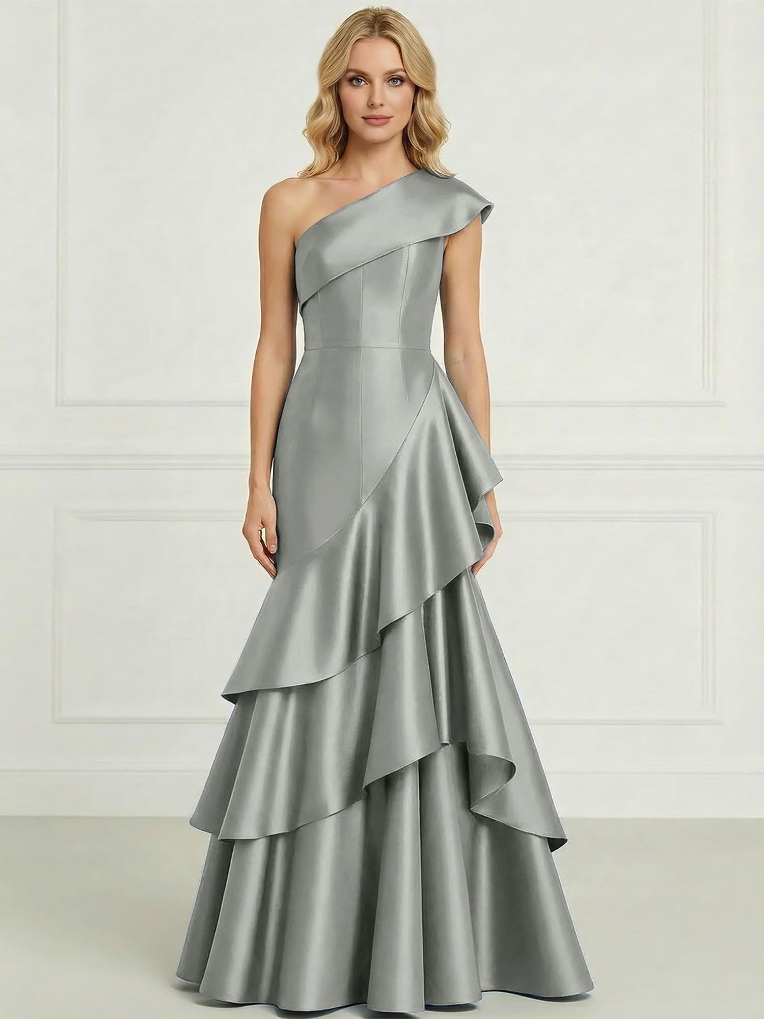 Formal Evening Dress Dark Blue One-Shoulder Satin Tiered Maxi Gown