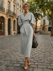 Sophisticated Camel V-Neck Balloon Sleeve Midi Dress Evening Gown