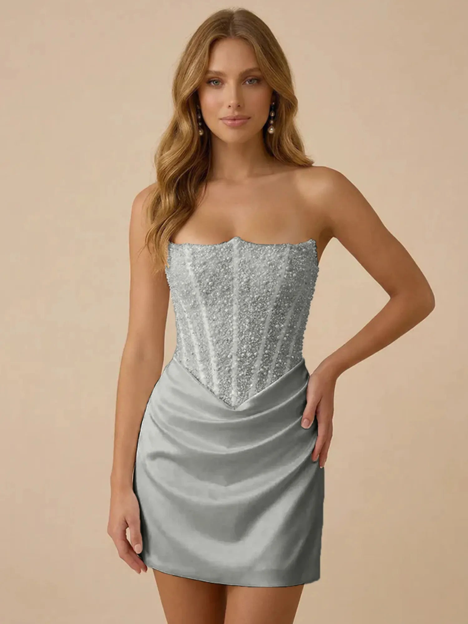 White Strapless Sequin Beaded Satin Short Homecoming Dress with Corset