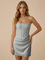 White Strapless Sequin Beaded Satin Short Homecoming Dress with Corset