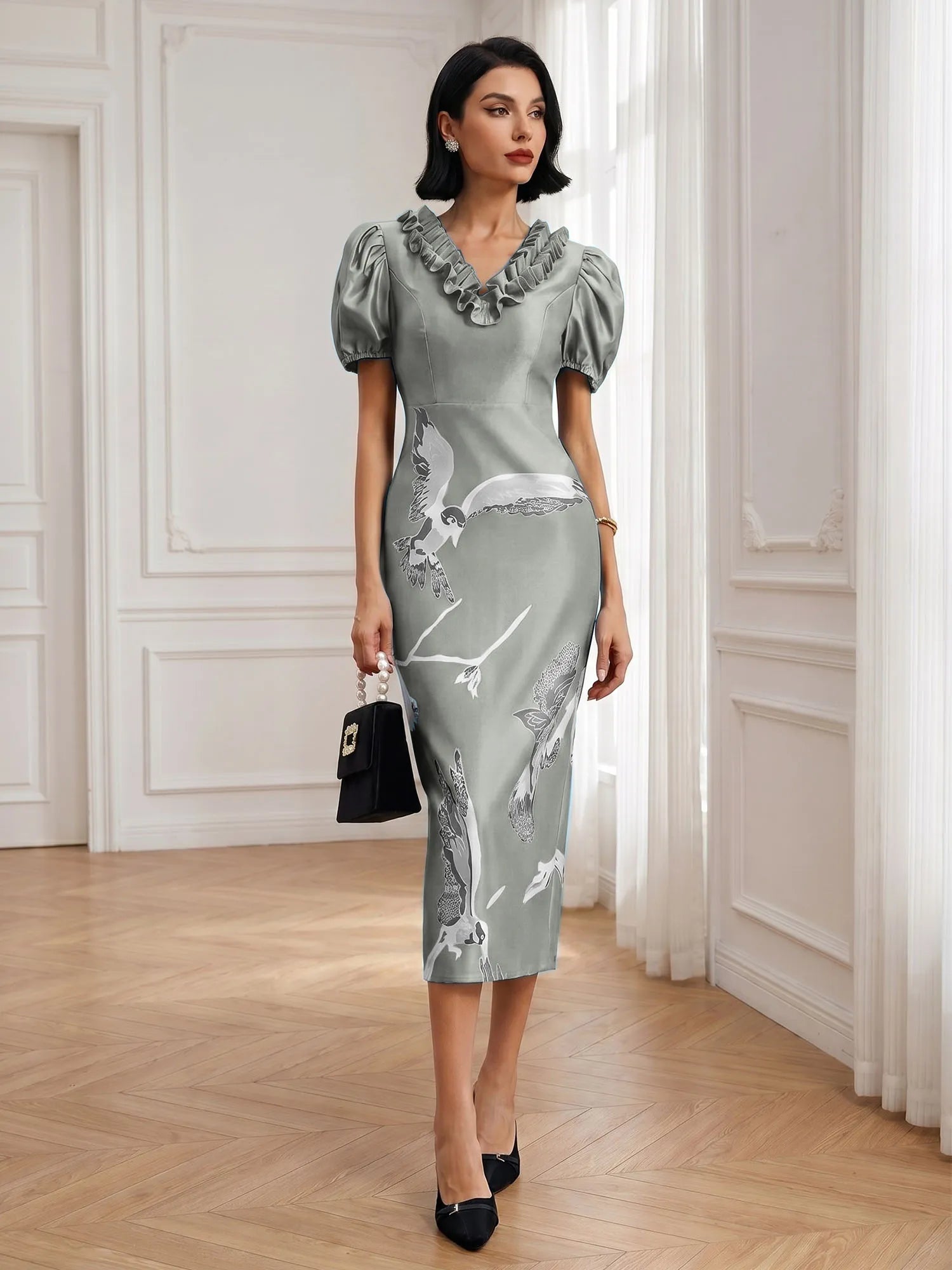 Black Folds V Neck Puff Sleeve Midi Sheath Dress