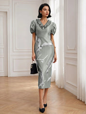 Black Folds V Neck Puff Sleeve Midi Sheath Dress
