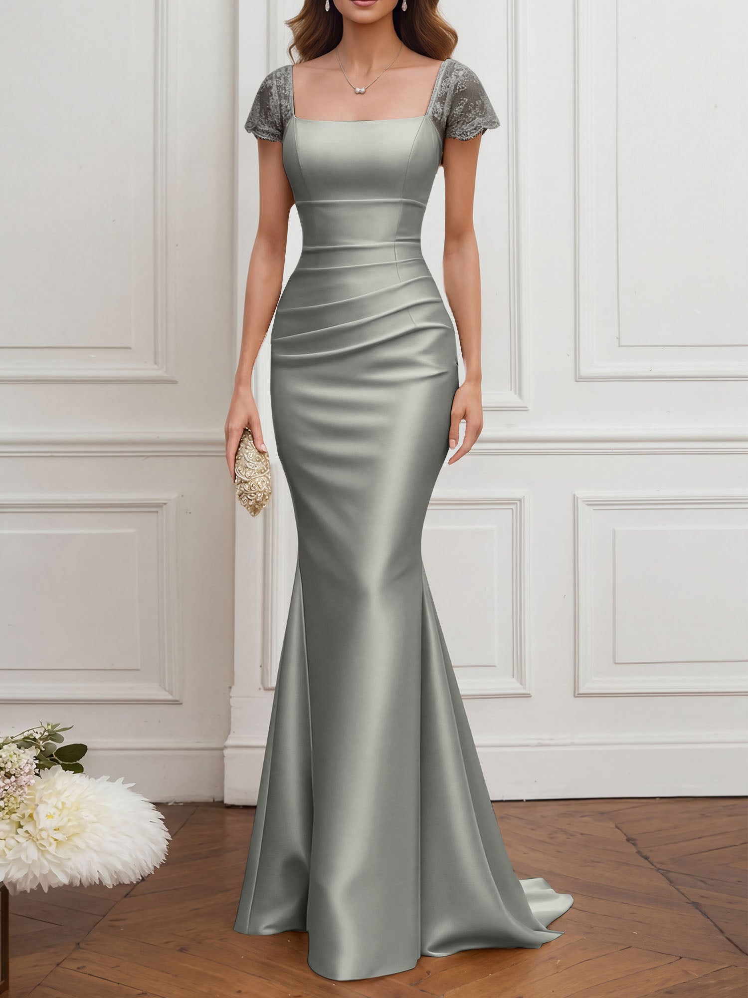 Mother of the Bride Dress Champagne Satin Square Neck Maxi Dress