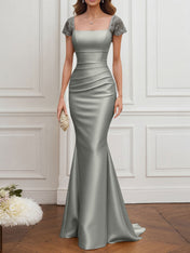 Mother of the Bride Dress Champagne Satin Square Neck Maxi Dress
