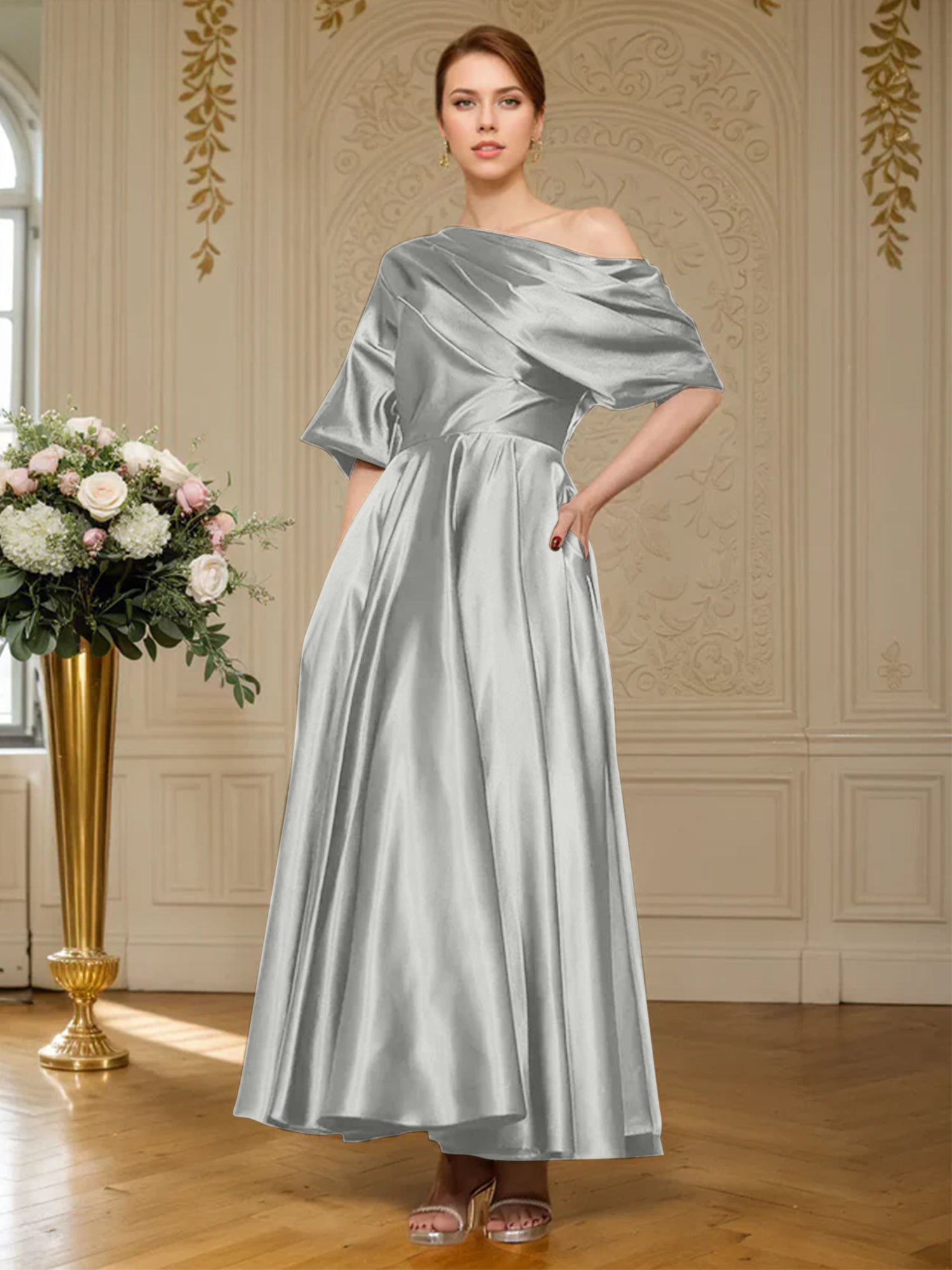 A-line Short Sleeves Pleated Ankle-Length Silk like Satin Mother of the Bride Dress