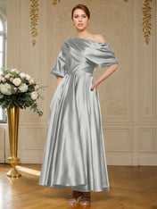 A-line Short Sleeves Pleated Ankle-Length Silk like Satin Mother of the Bride Dress