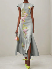 Green Floral Embroidered Cap Sleeve Slit Sheath Maxi Dress