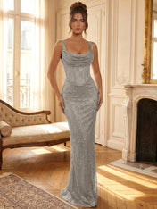 Sparkly Blue Shimmer Cowl Neck Corset Prom Dress