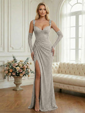 Light Blue Sequin Mermaid Matching Opera Gloves Long Prom Dress with Slit