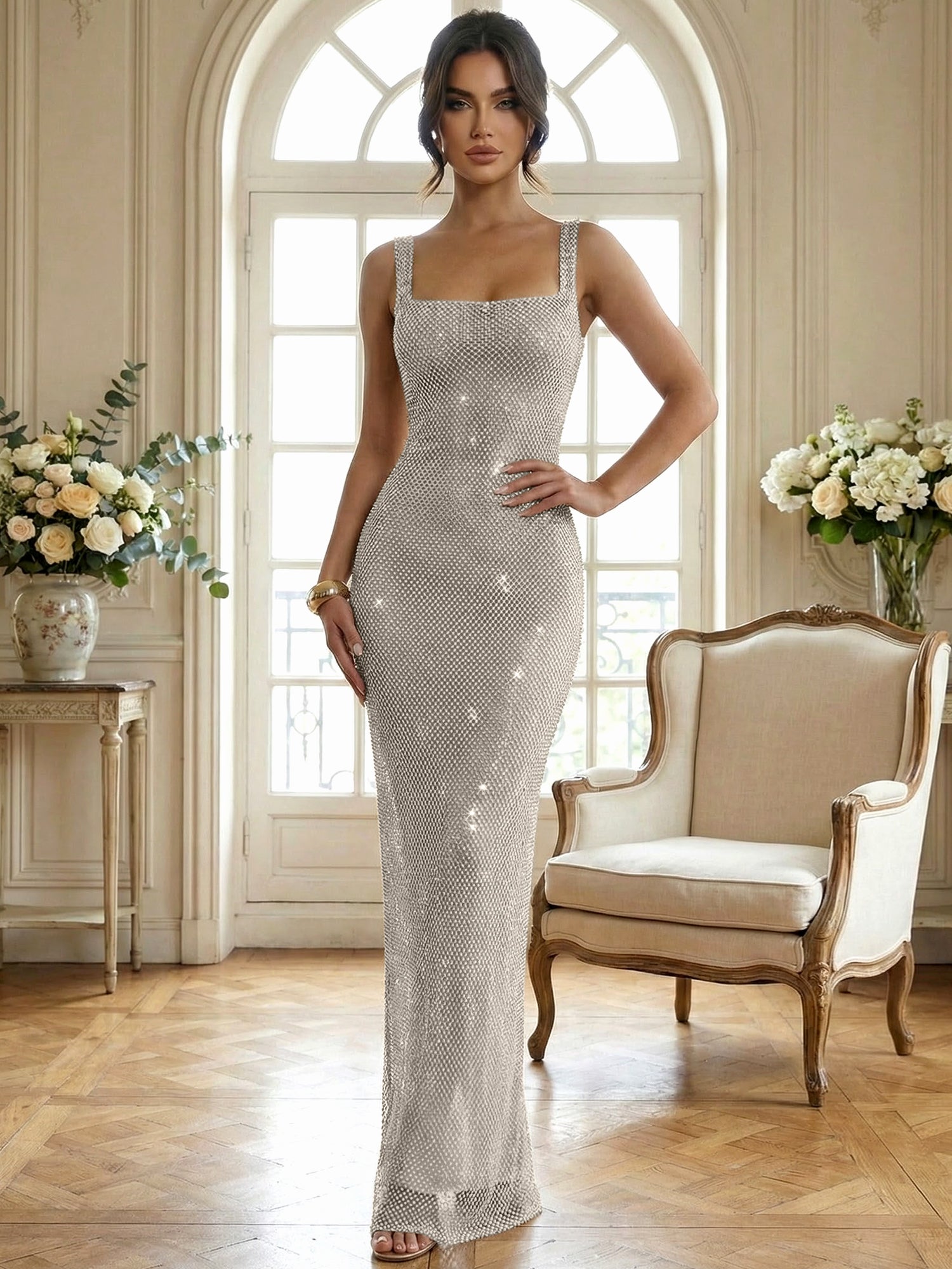 Sparkly Champagne Crystal Mesh Square Neck Long Prom Dress