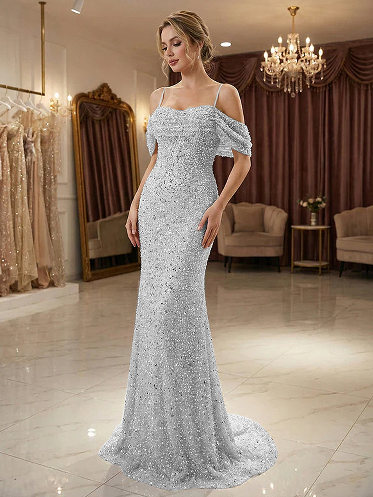 Sparkly Champagne Beaded Off-the-Shoulder Mermaid Long Prom Dress