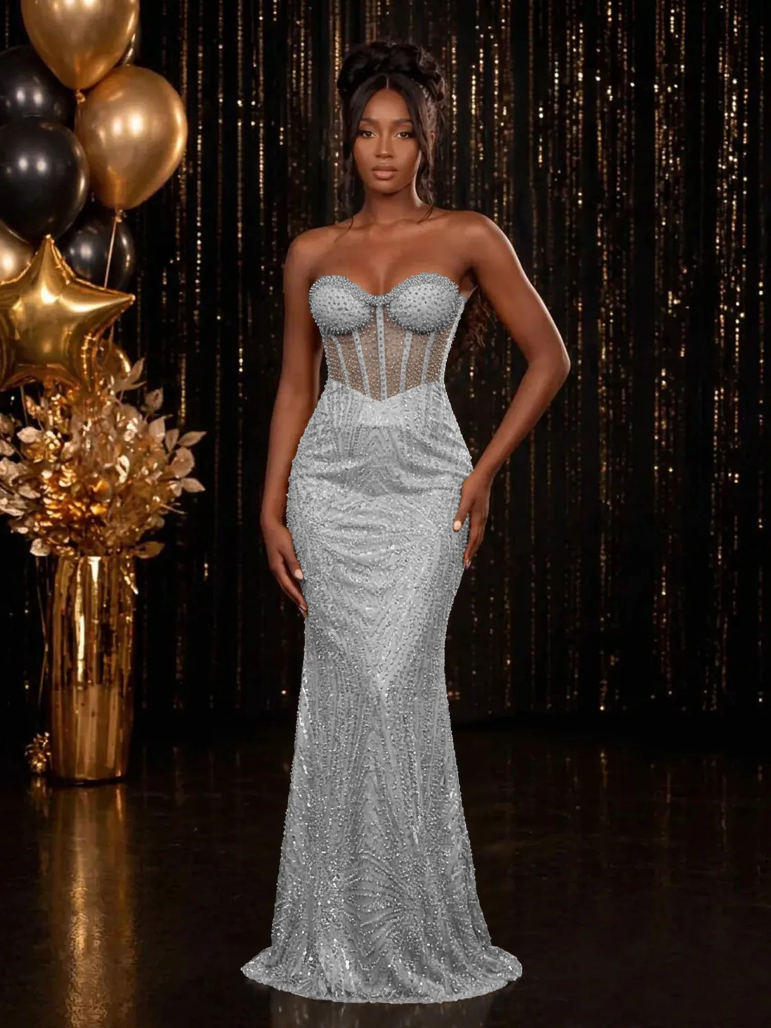 Strapless Sequin-Accented Mermaid Prom Dress with High Slit